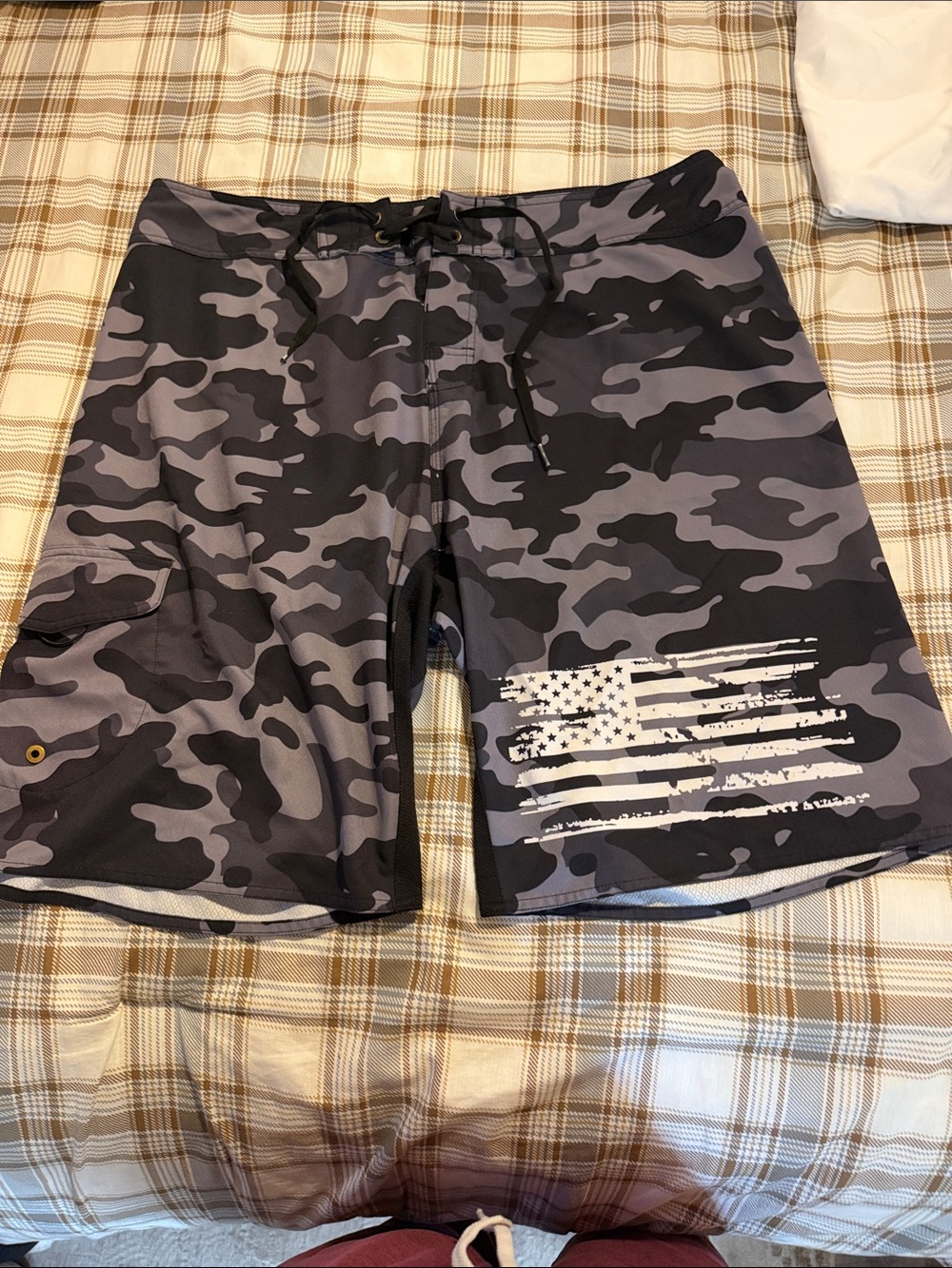 Men's Gray Camo Swim Board Shorts with American Flag Accent